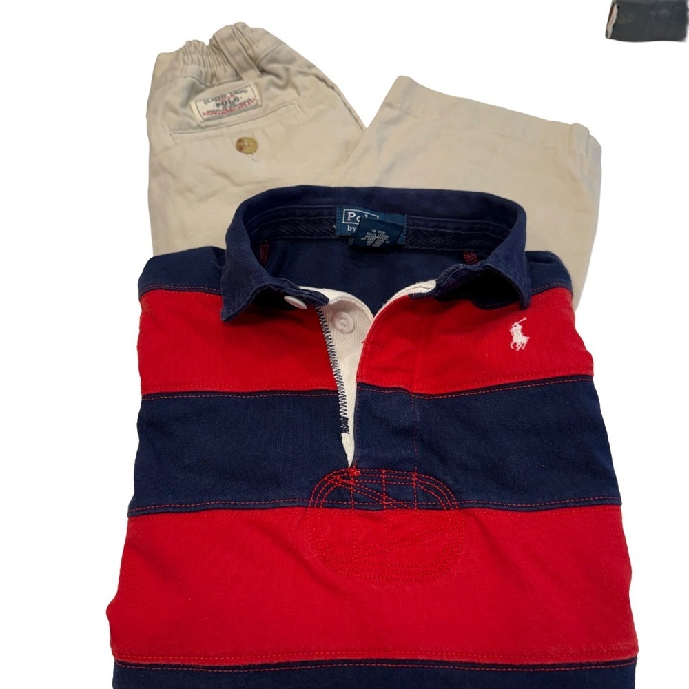 Polo Ralph Lauren Boys 2 PCS Set Rugby Shirt & Khaki Pants Sz 3T EUC